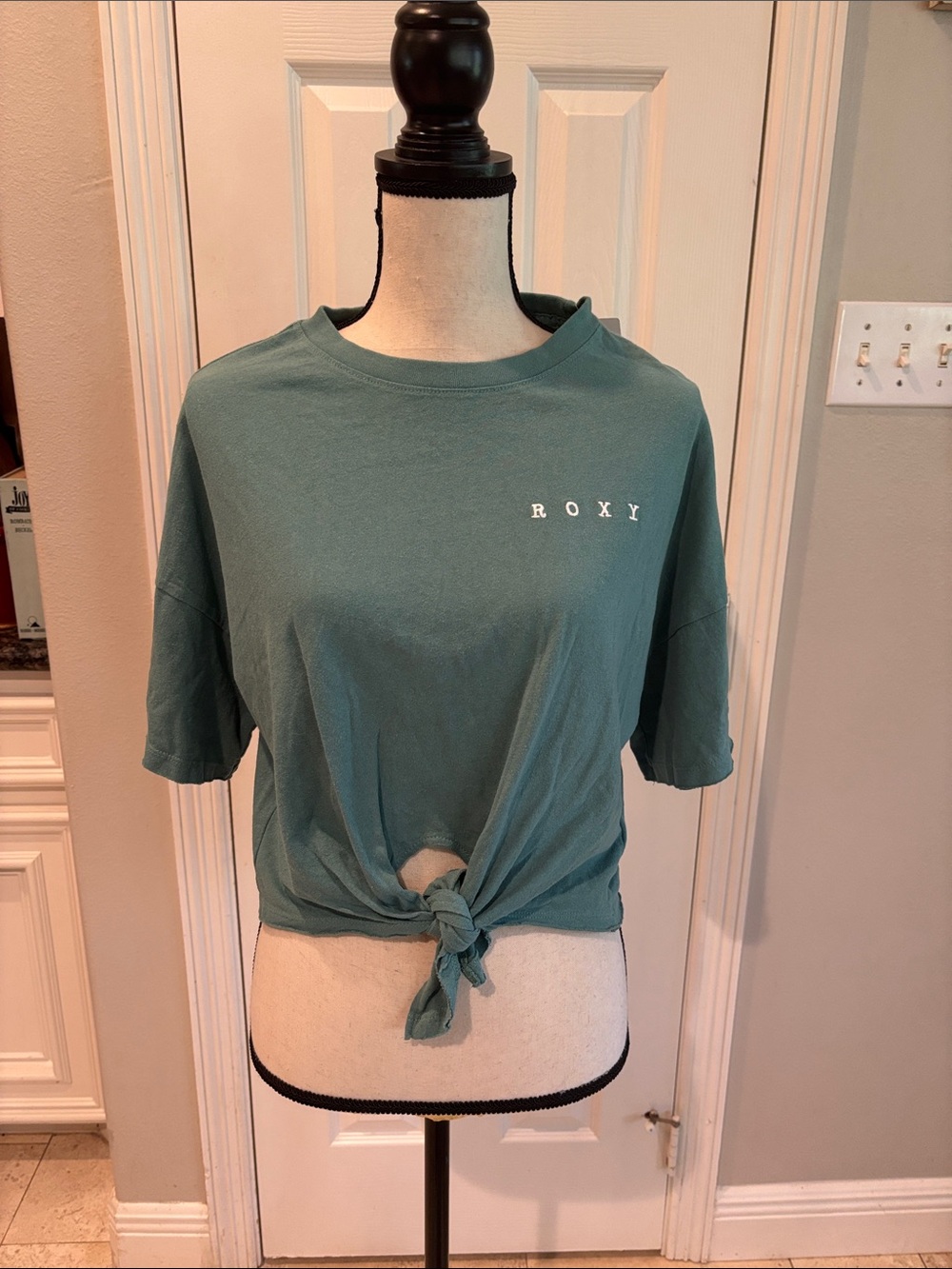 Roxy Women's Teal Knot-Front Short Sleeve Tee- Small